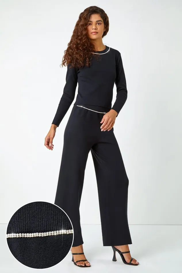 Black Diamante Waist Trim Knitted Trouser Women Roman Trousers