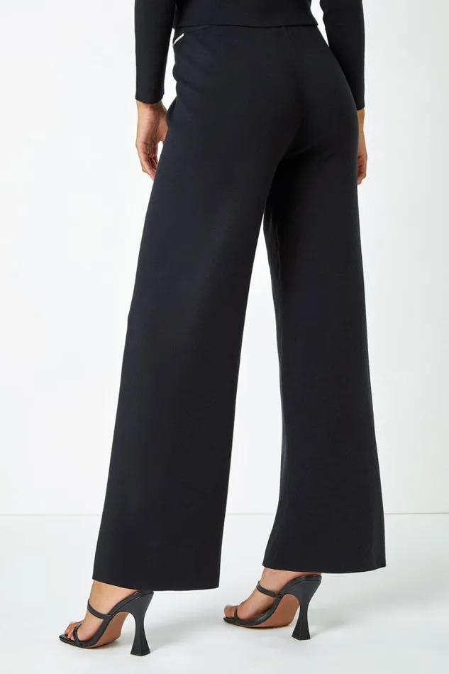 Black Diamante Waist Trim Knitted Trouser Women Roman Trousers