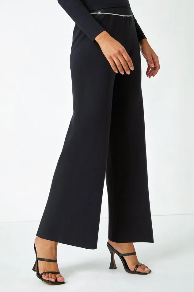 Black Diamante Waist Trim Knitted Trouser Women Roman Trousers