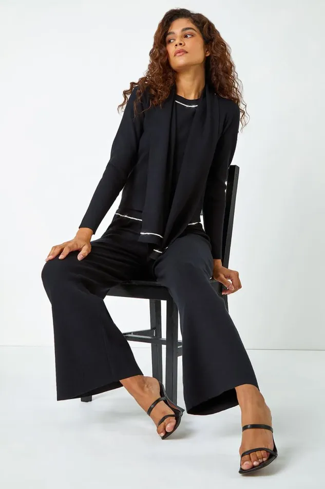Black Diamante Waist Trim Knitted Trouser Women Roman Trousers