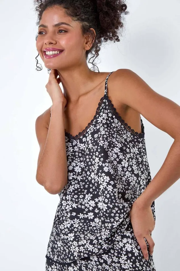 Black Ditsy Floral Lace Trim VNeck Top Women Roman Tops