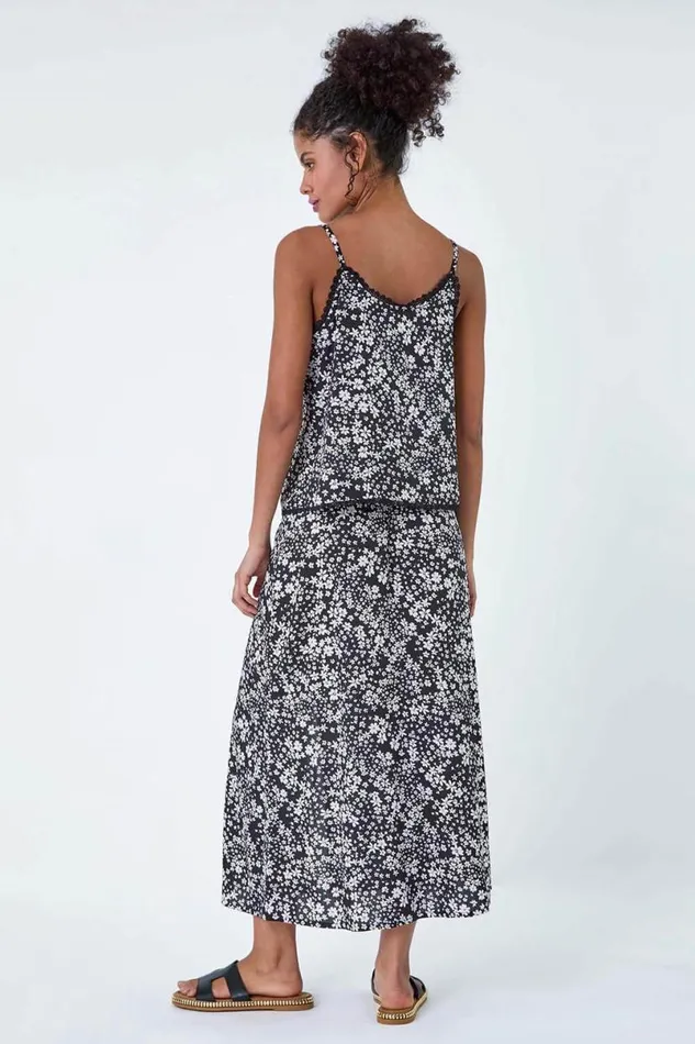 Black Ditsy Floral Lace Trim VNeck Top Women Roman Tops