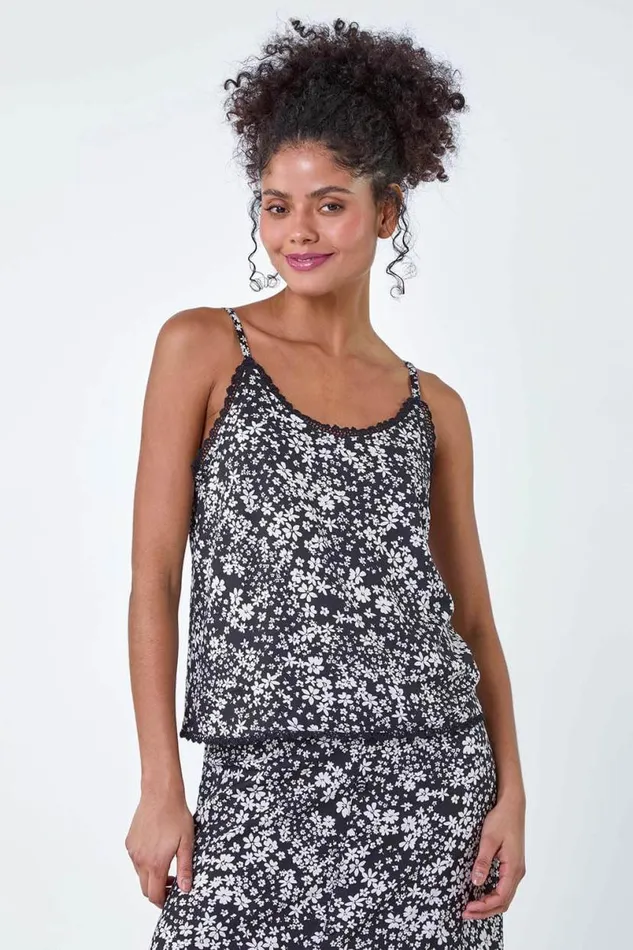 Black Ditsy Floral Lace Trim VNeck Top Women Roman Tops
