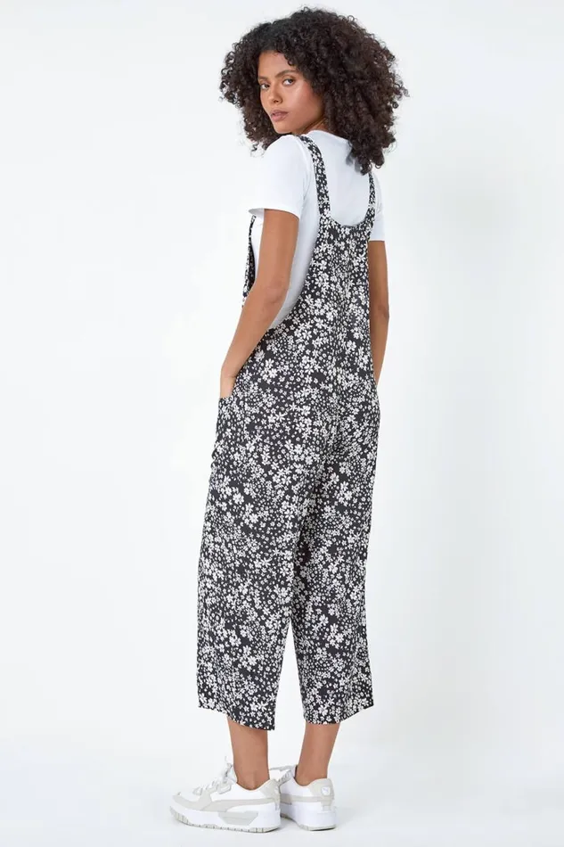 Black Ditsy Floral Pocket Jumpsuit Women Roman Dresses