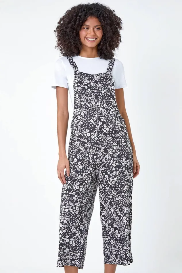 Black Ditsy Floral Pocket Jumpsuit Women Roman Dresses