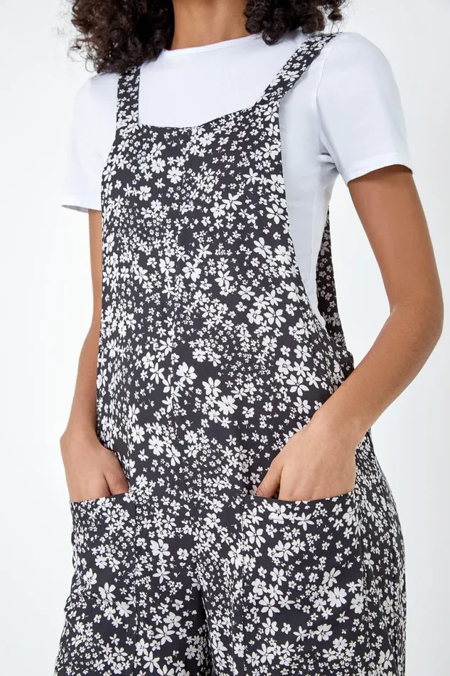 Black Ditsy Floral Pocket Jumpsuit Women Roman Dresses
