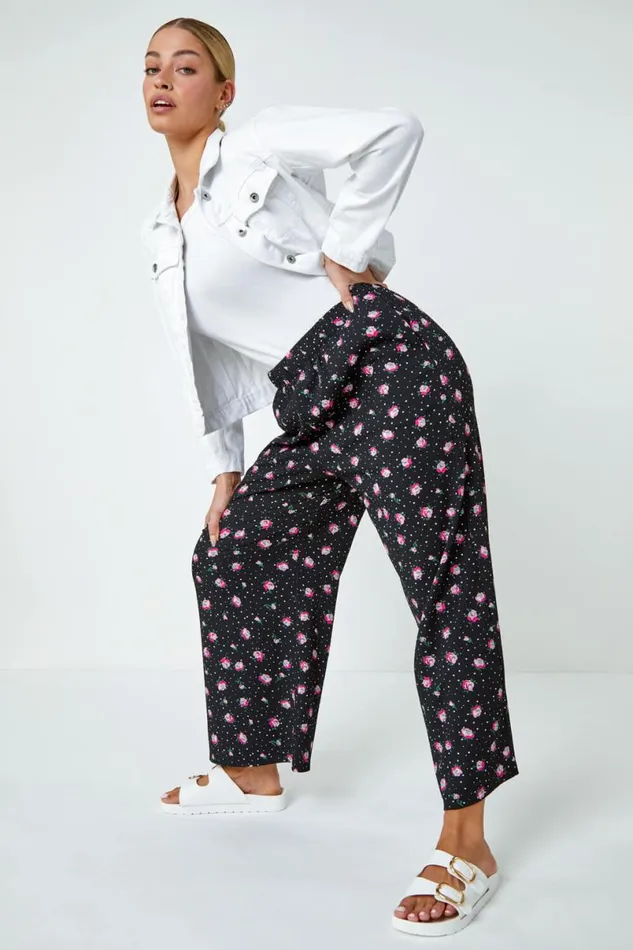 Black Ditsy Floral Print Stretch Culottes Women Roman Trousers