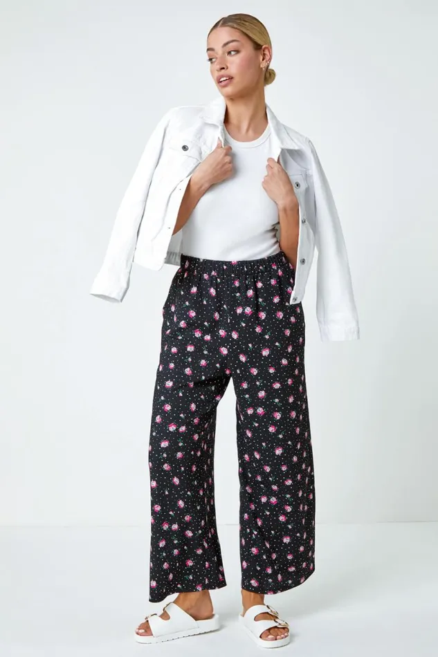 Black Ditsy Floral Print Stretch Culottes Women Roman Trousers