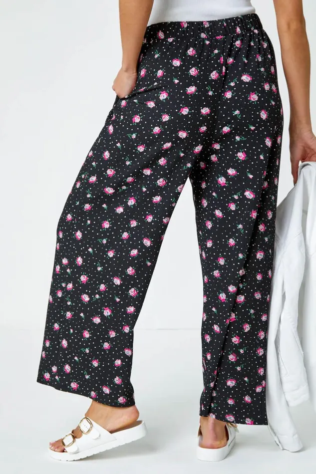 Black Ditsy Floral Print Stretch Culottes Women Roman Trousers
