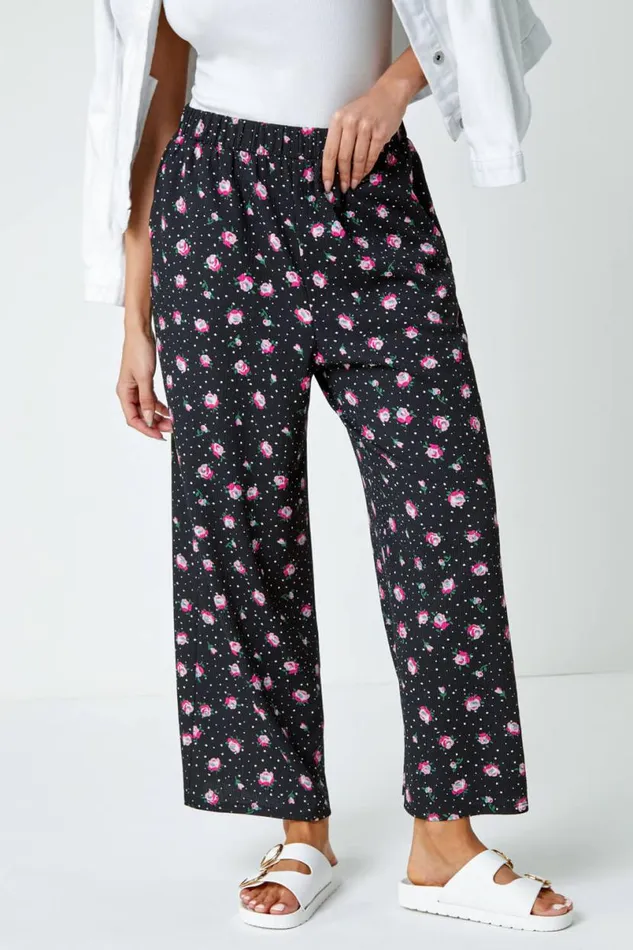 Black Ditsy Floral Print Stretch Culottes Women Roman Trousers
