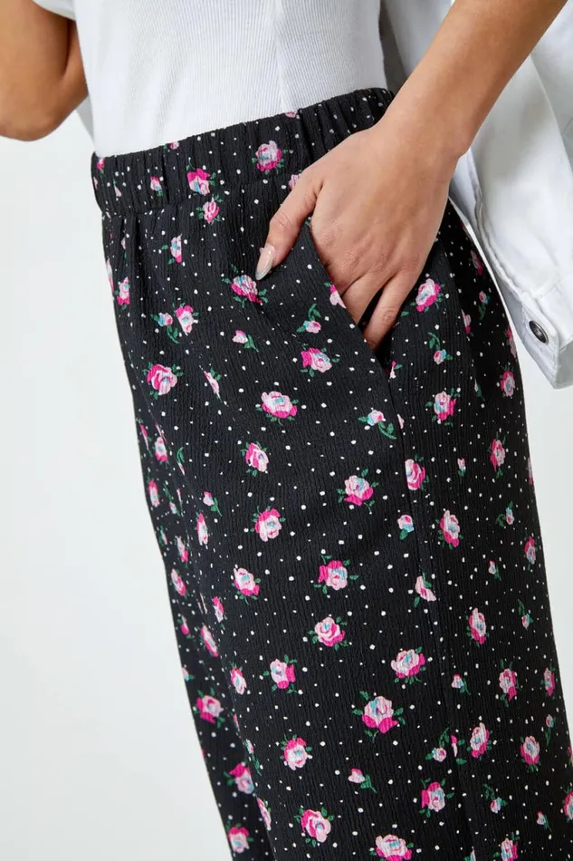 Black Ditsy Floral Print Stretch Culottes Women Roman Trousers