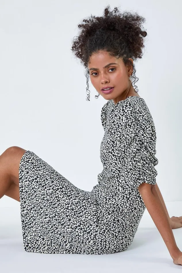 Black Ditsy Floral Ruched Puff Sleeve Dress Women Roman Dresses