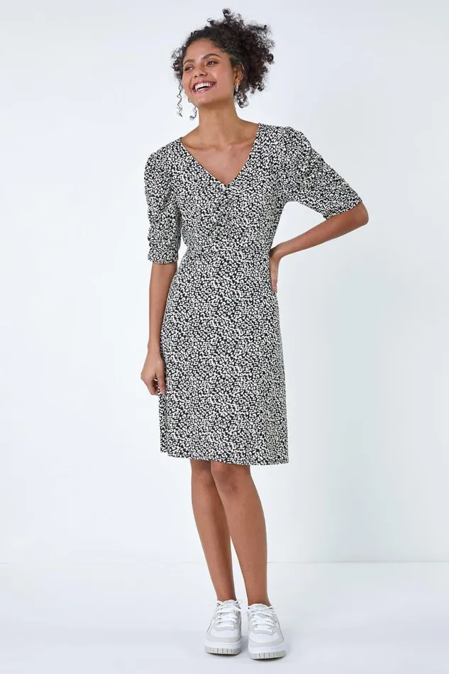 Black Ditsy Floral Ruched Puff Sleeve Dress Women Roman Dresses