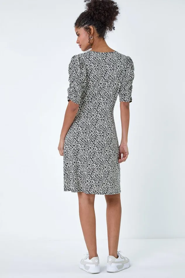 Black Ditsy Floral Ruched Puff Sleeve Dress Women Roman Dresses
