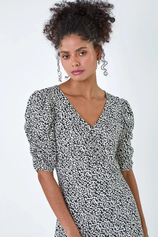 Black Ditsy Floral Ruched Puff Sleeve Dress Women Roman Dresses