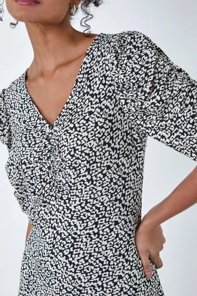 Black Ditsy Floral Ruched Puff Sleeve Dress Women Roman Dresses