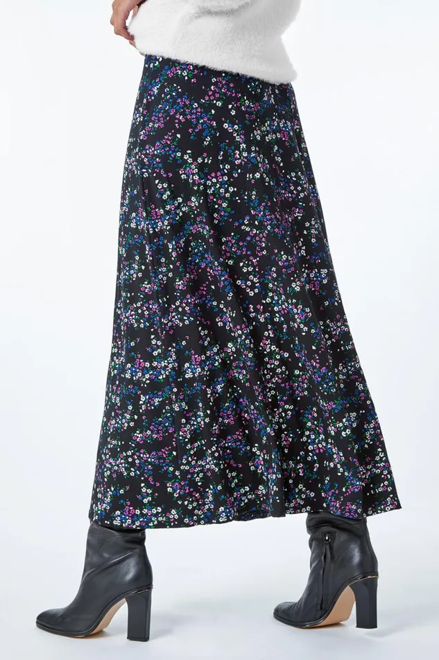 Black Ditsy Floral Stretch Elastic Waist Midi Skirt Women Roman Skirts