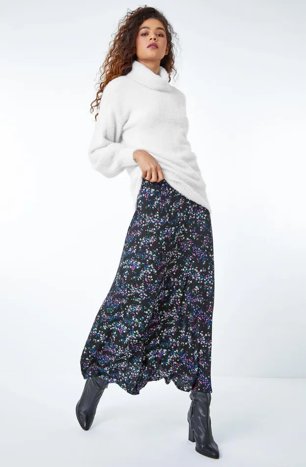 Black Ditsy Floral Stretch Elastic Waist Midi Skirt Women Roman Skirts