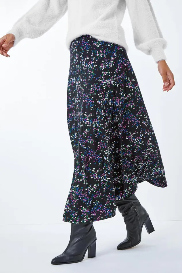 Black Ditsy Floral Stretch Elastic Waist Midi Skirt Women Roman Skirts