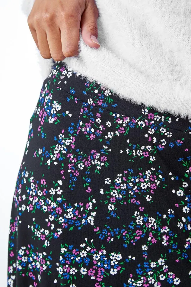 Black Ditsy Floral Stretch Elastic Waist Midi Skirt Women Roman Skirts
