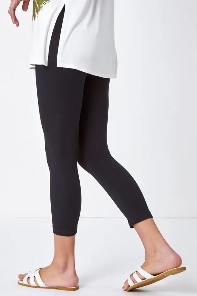 Black Elastic Waist Stretch Cropped Leggings Women Roman Trousers