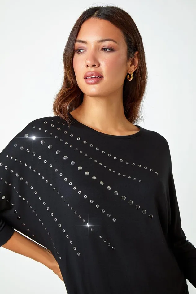 Black Embellished Blouson Stretch Top Women Roman Tops