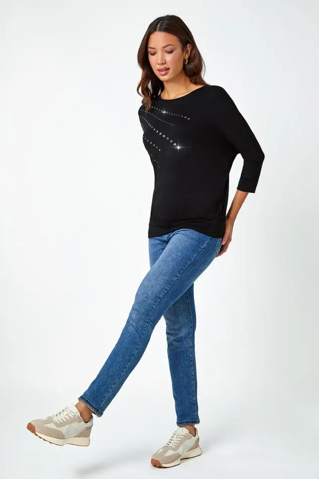 Black Embellished Blouson Stretch Top Women Roman Tops