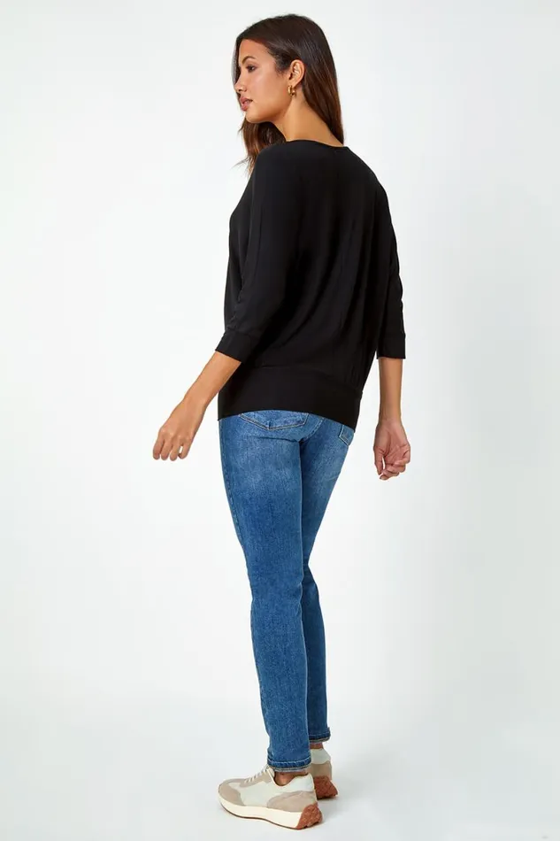 Black Embellished Blouson Stretch Top Women Roman Tops