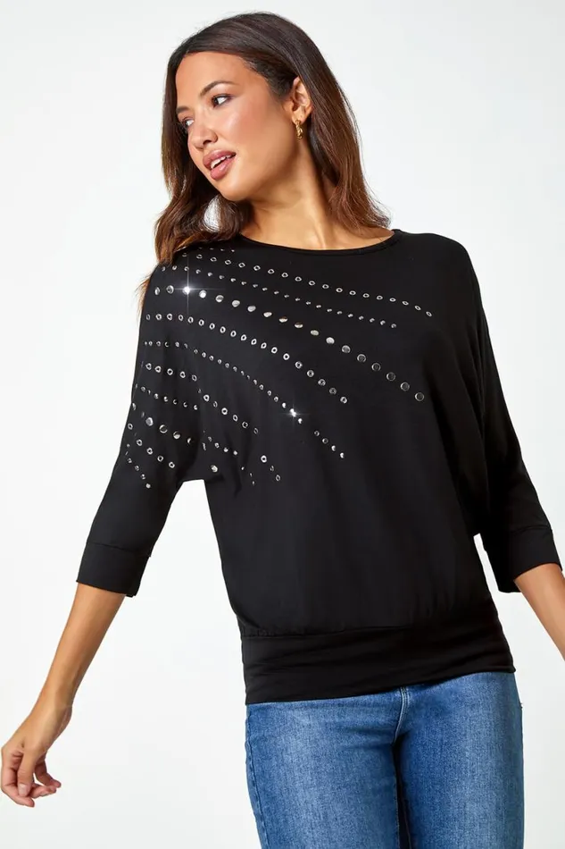 Black Embellished Blouson Stretch Top Women Roman Tops