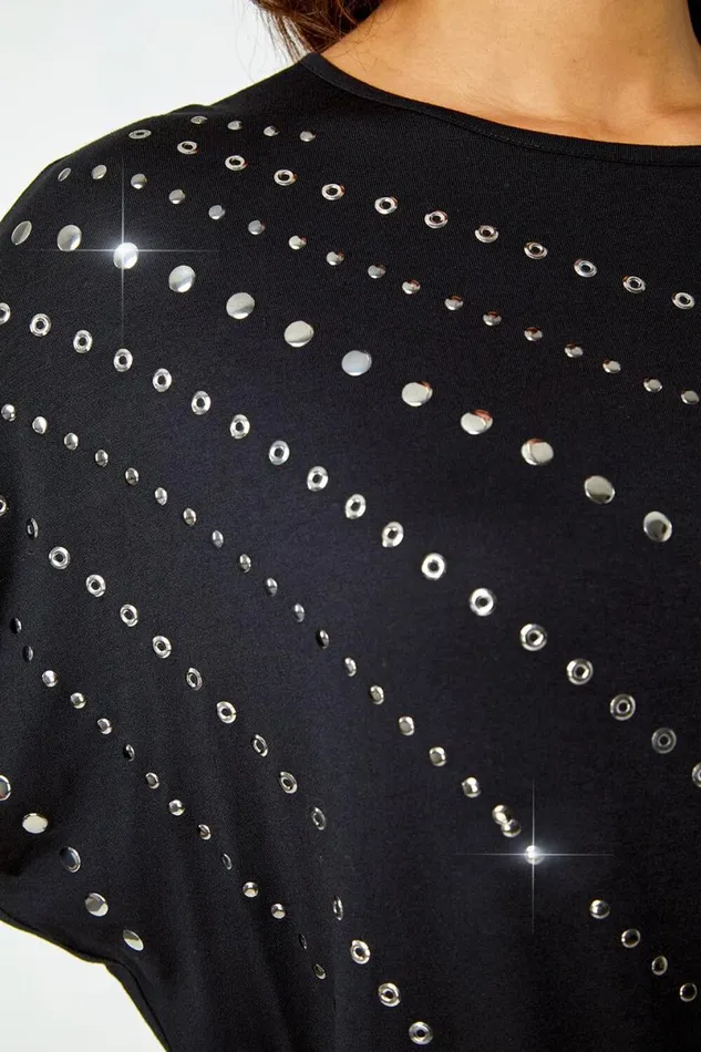 Black Embellished Blouson Stretch Top Women Roman Tops