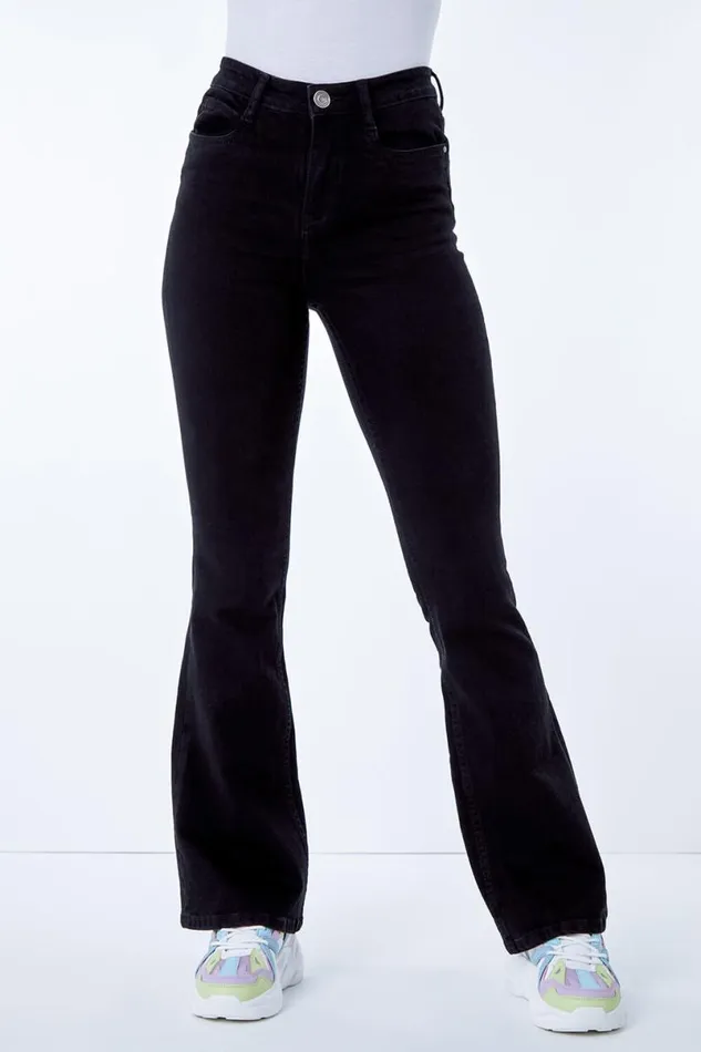 Black Flared High Waist Cotton Jeans Women Roman Trousers