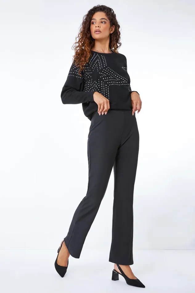 Black Flared Stretch Trousers Women Roman Occasionwear