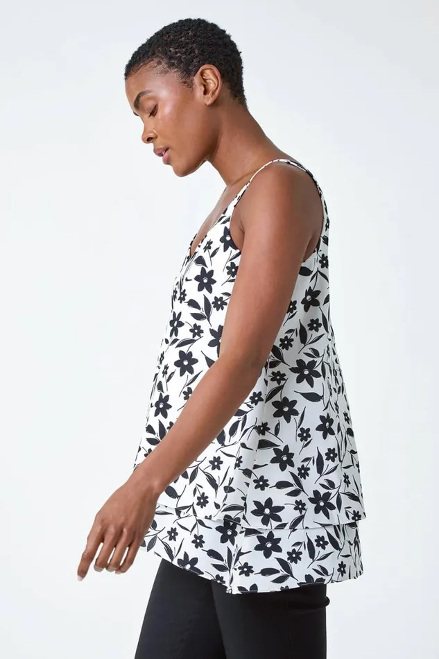 Black Floral Chiffon Cami Top Women Roman Tops