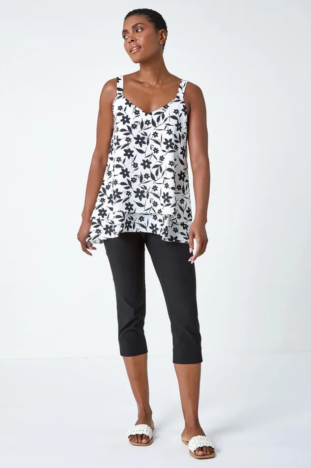 Black Floral Chiffon Cami Top Women Roman Tops