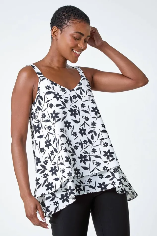 Black Floral Chiffon Cami Top Women Roman Tops