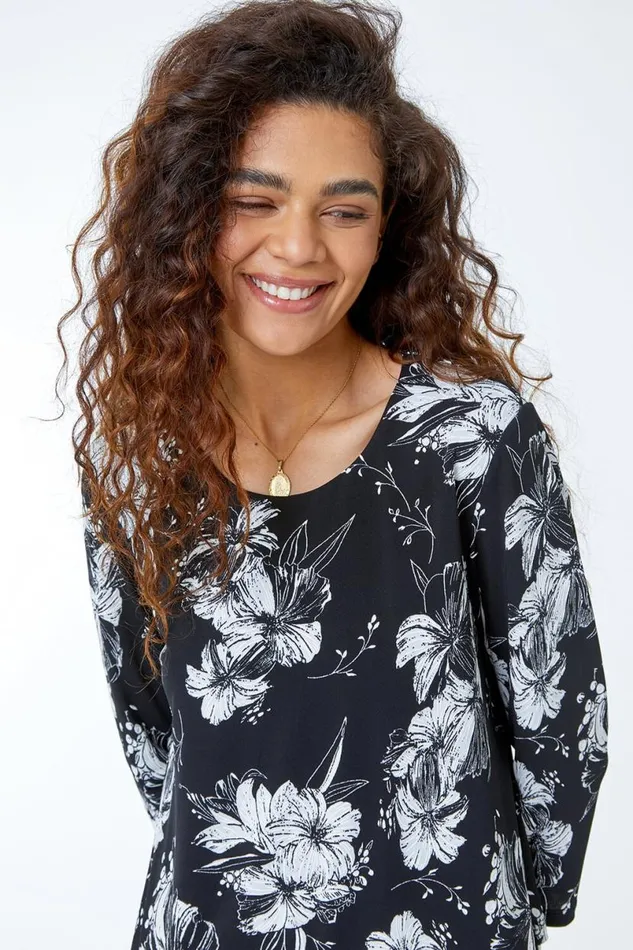 Black Floral Print Double Layer Top Women Roman Tops