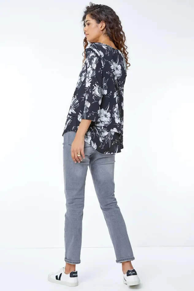 Black Floral Print Double Layer Top Women Roman Tops