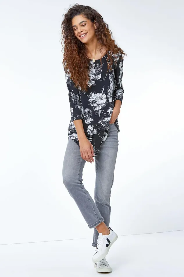 Black Floral Print Double Layer Top Women Roman Tops