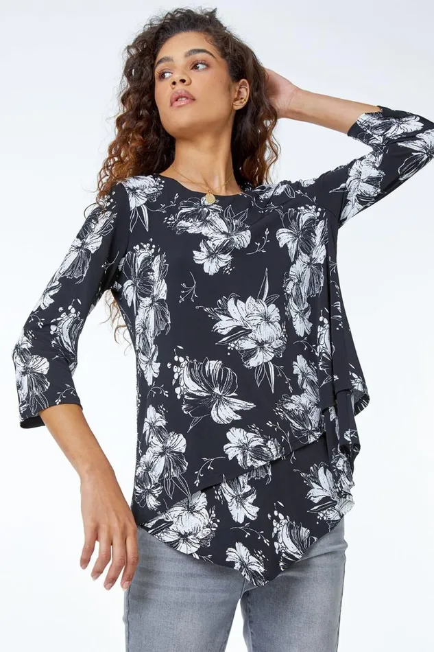 Black Floral Print Double Layer Top Women Roman Tops