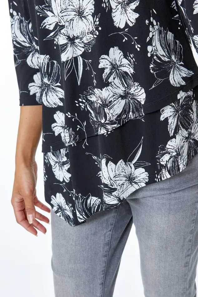 Black Floral Print Double Layer Top Women Roman Tops