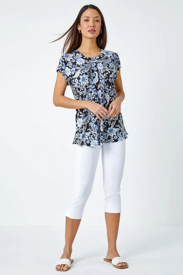 Black Floral Print Pleat Detail Blouse Women Roman Tops