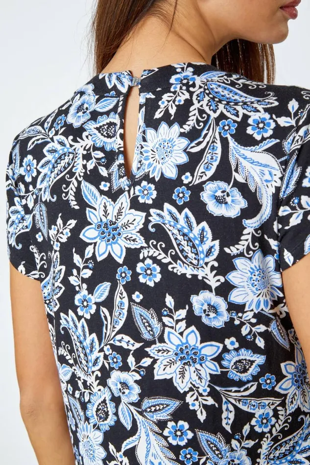 Black Floral Print Pleat Detail Blouse Women Roman Tops