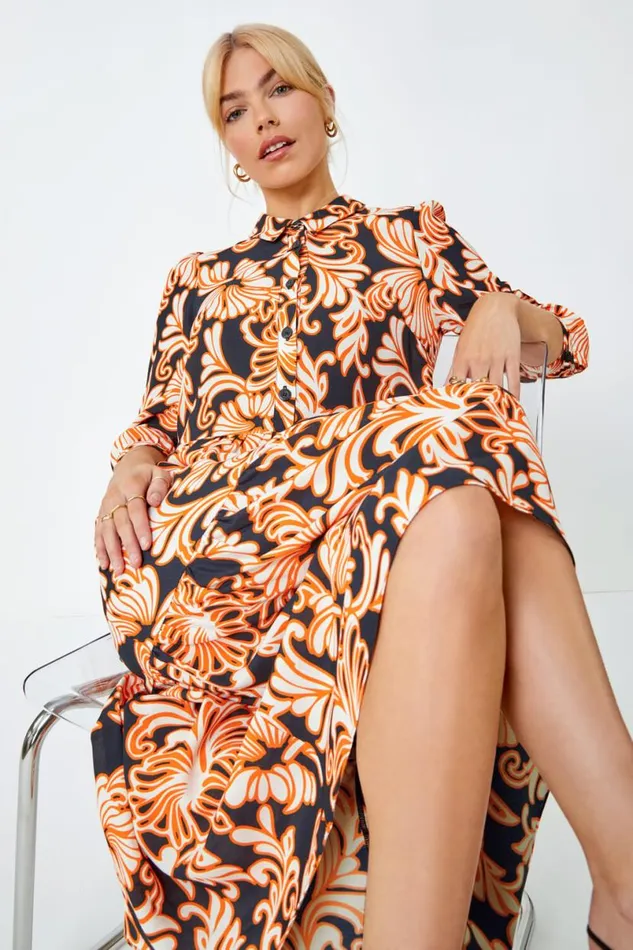 Black Floral Print Tiered Midi Shirt Dress Women Roman Dresses