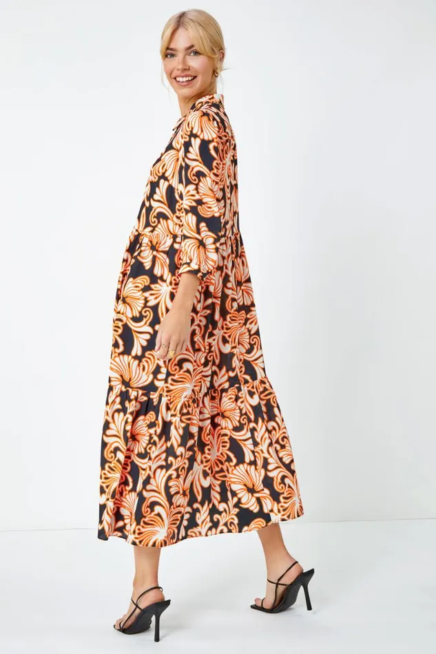 Black Floral Print Tiered Midi Shirt Dress Women Roman Dresses