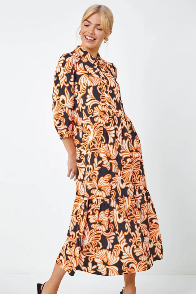 Black Floral Print Tiered Midi Shirt Dress Women Roman Dresses