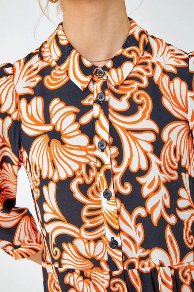 Black Floral Print Tiered Midi Shirt Dress Women Roman Dresses