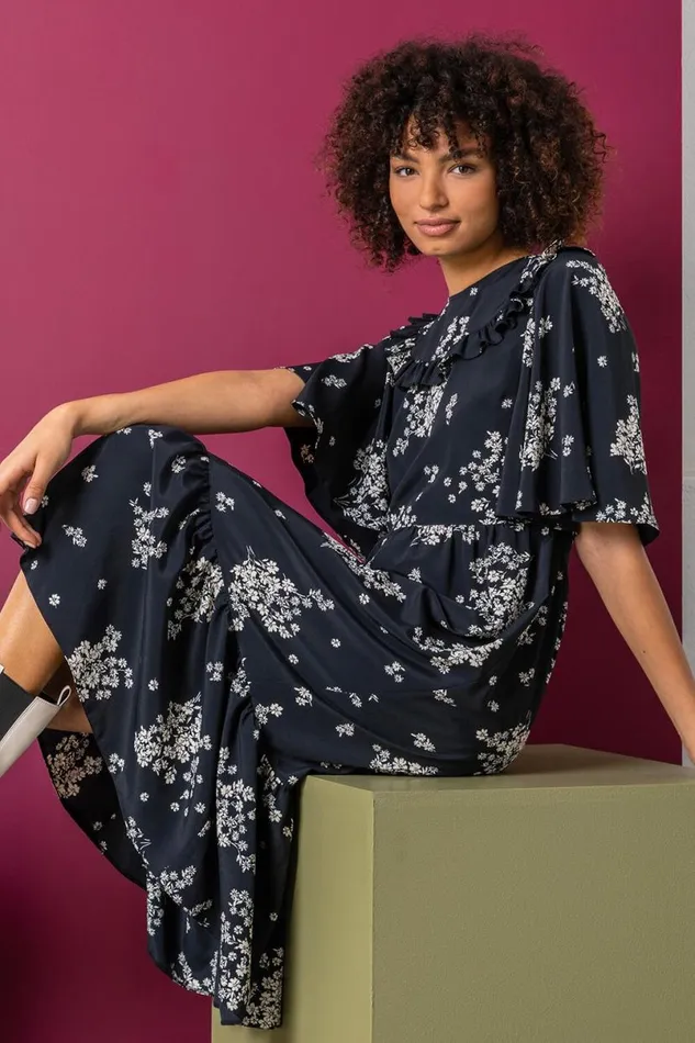 Black Floral Print Yoke Maxi Dress Women Roman Dresses