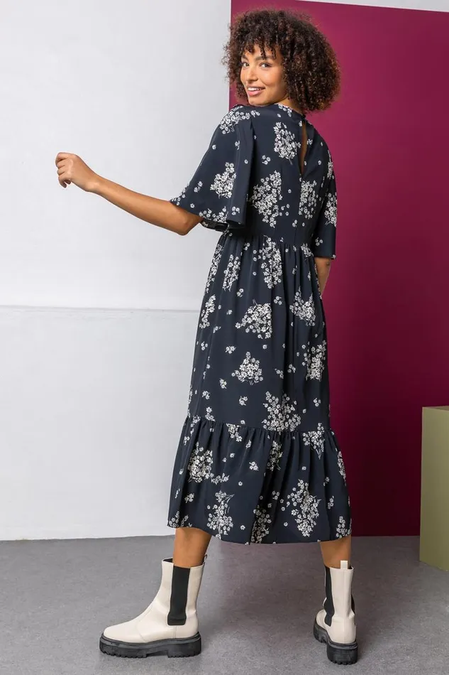 Black Floral Print Yoke Maxi Dress Women Roman Dresses