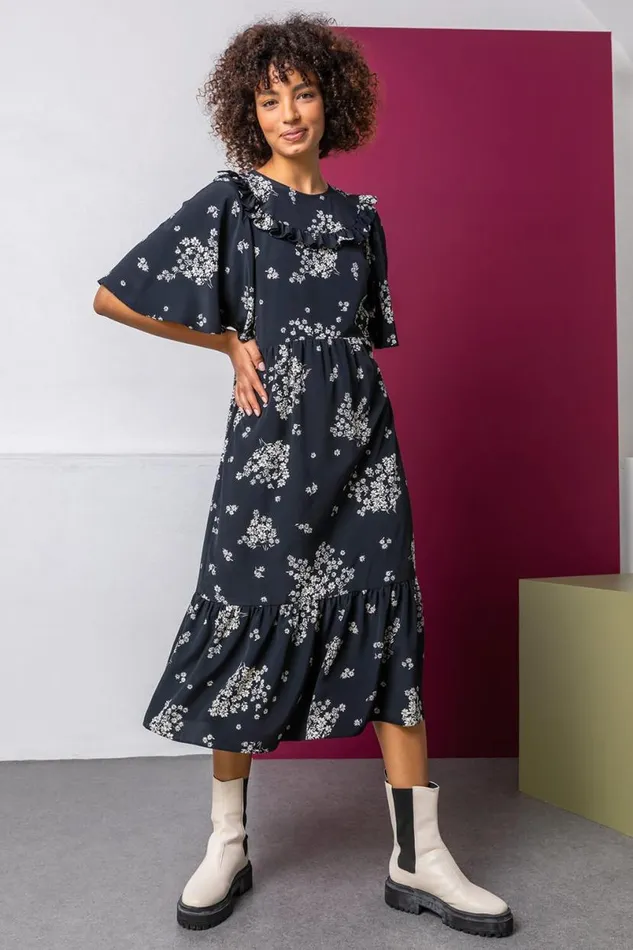 Black Floral Print Yoke Maxi Dress Women Roman Dresses