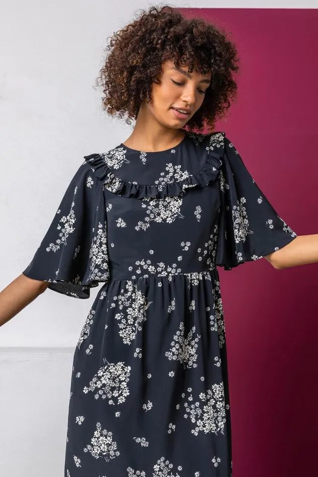 Black Floral Print Yoke Maxi Dress Women Roman Dresses